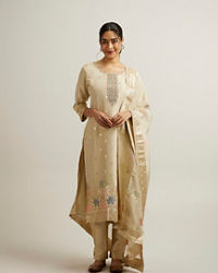 Mohey Women Beige Organza Straight Suit with Zardosi Work