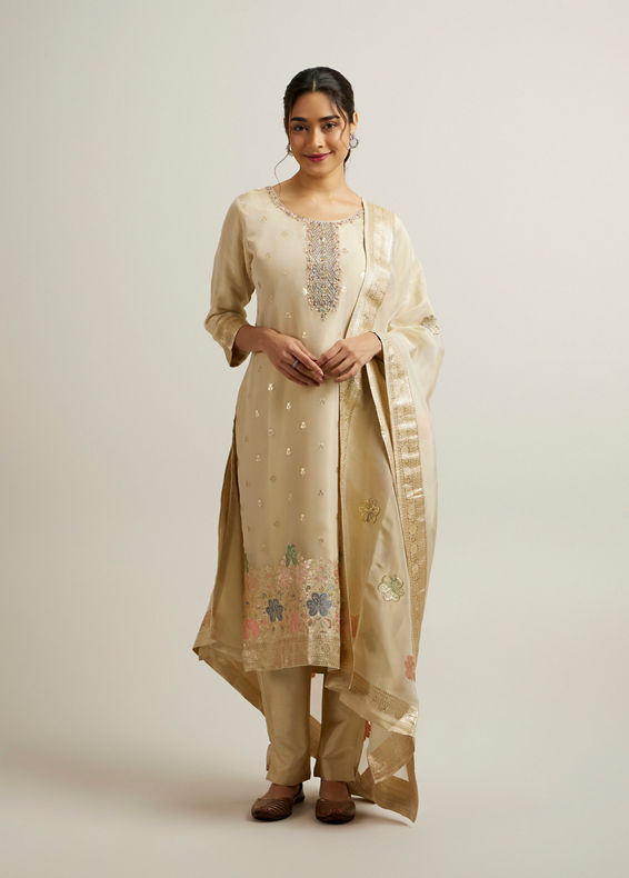 Mohey Women Beige Organza Straight Suit with Zardosi Work