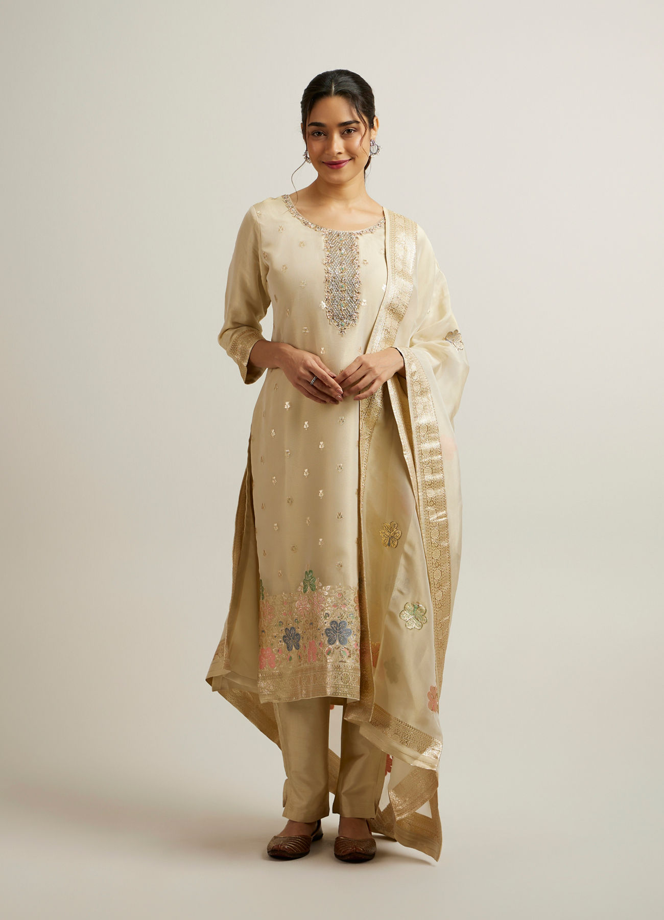 Mohey Women Beige Organza Straight Suit with Zardosi Work