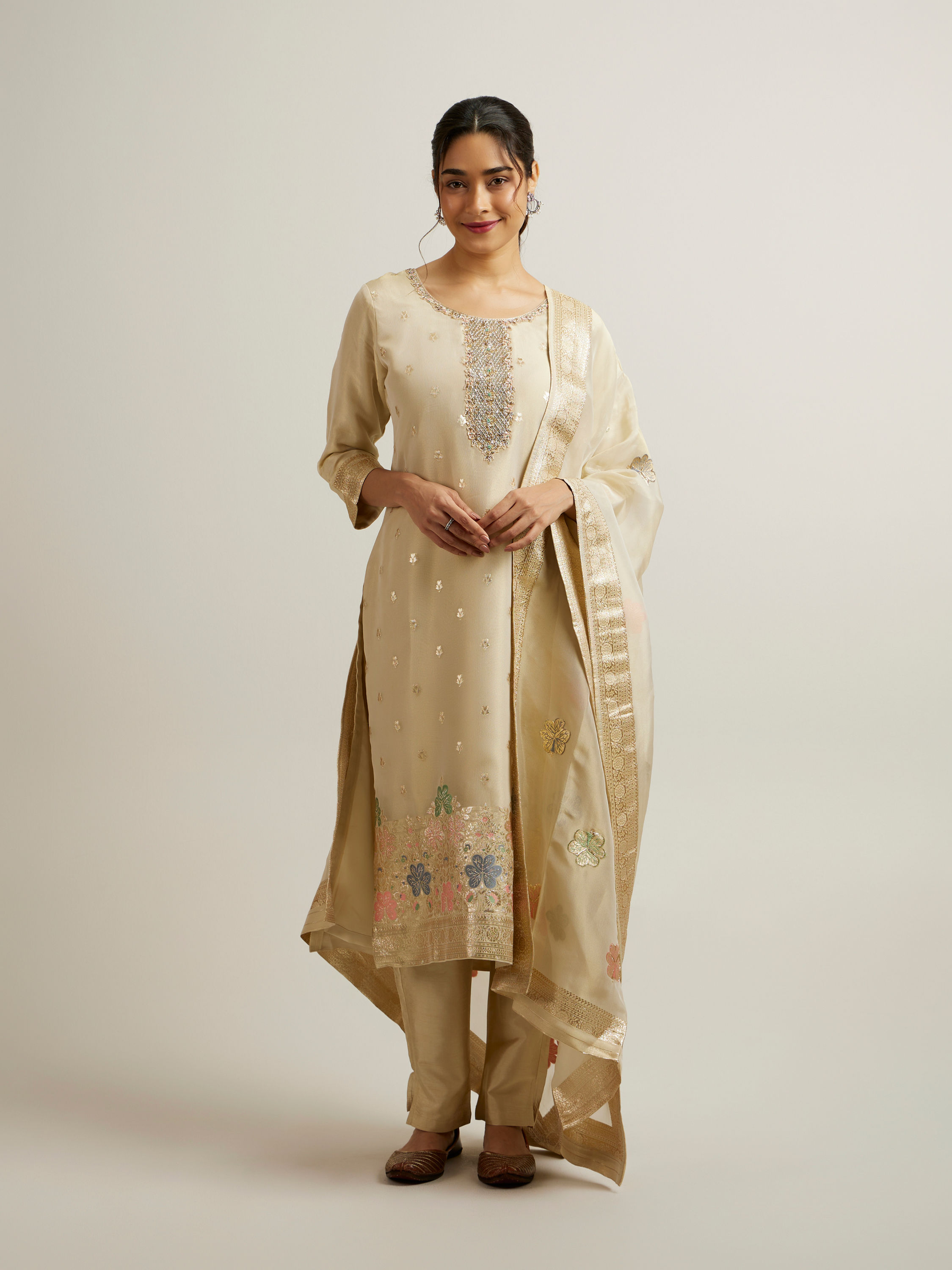 Mohey Women Beige Organza Straight Suit with Zardosi Work