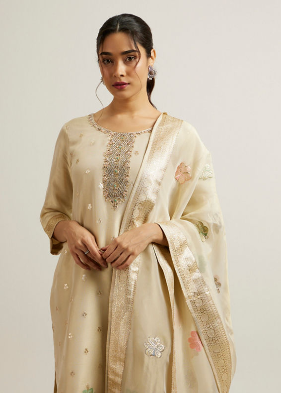 Mohey Women Beige Organza Straight Suit with Zardosi Work