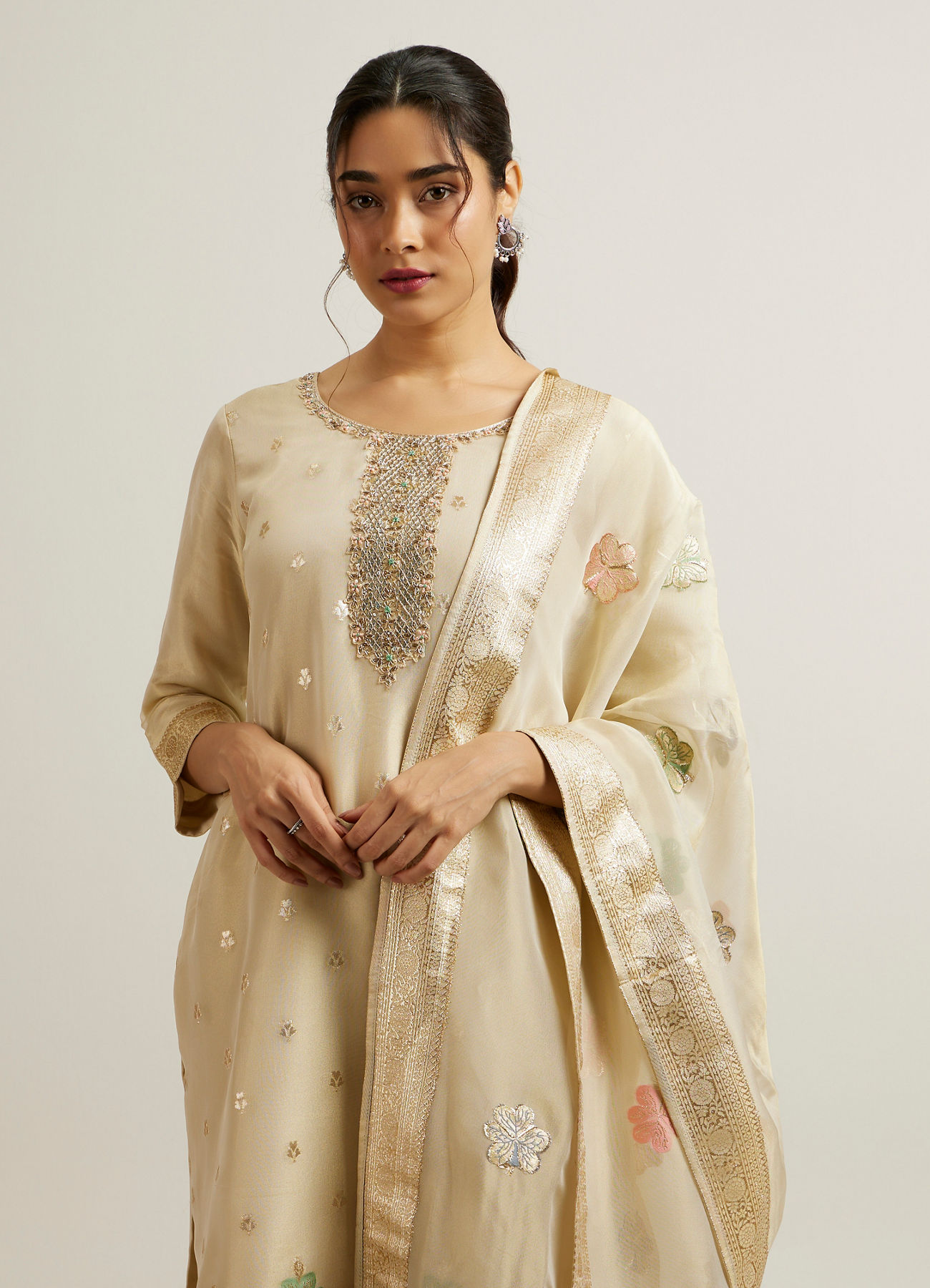 Mohey Women Beige Organza Straight Suit with Zardosi Work
