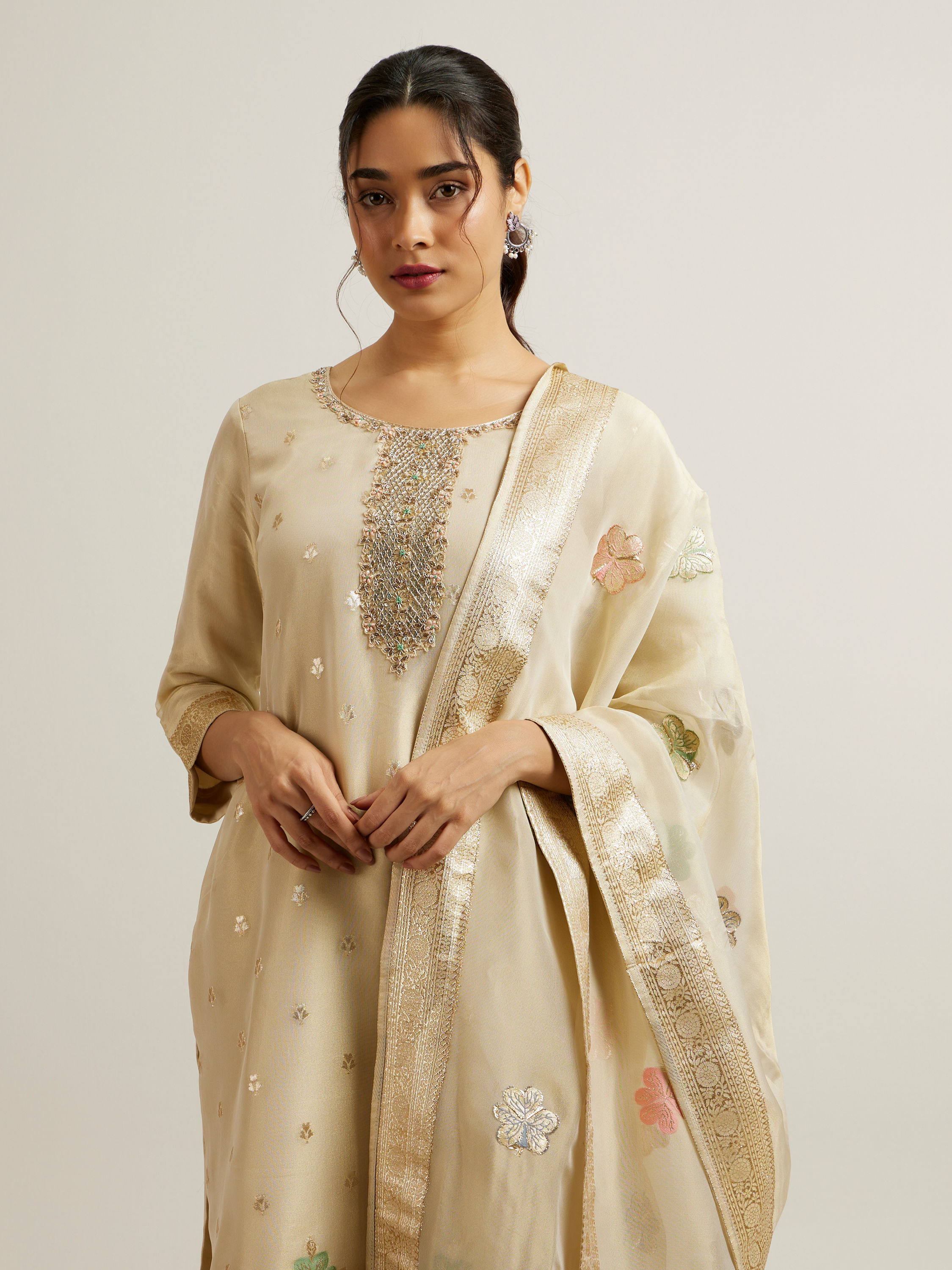 Mohey Women Beige Organza Straight Suit with Zardosi Work