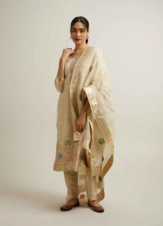 Mohey Women Beige Organza Straight Suit with Zardosi Work