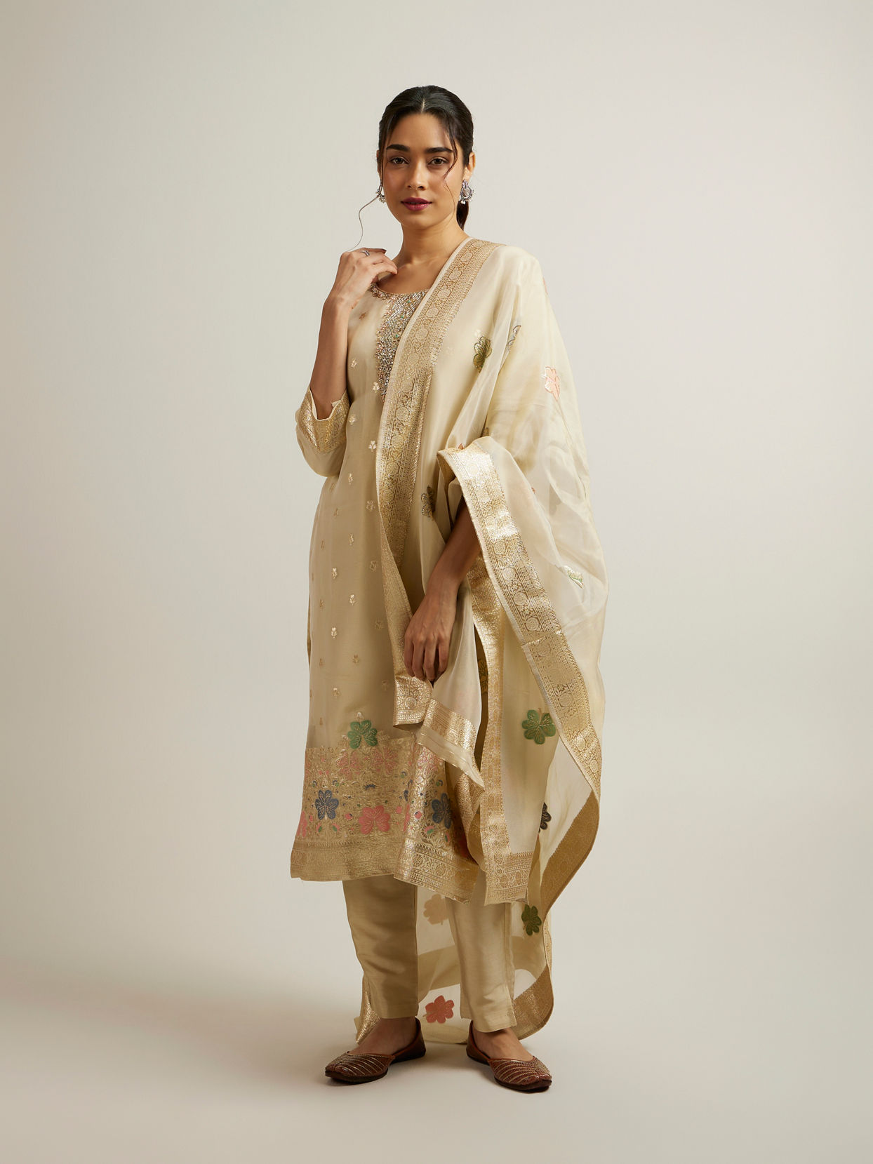 Mohey Women Beige Organza Straight Suit with Zardosi Work