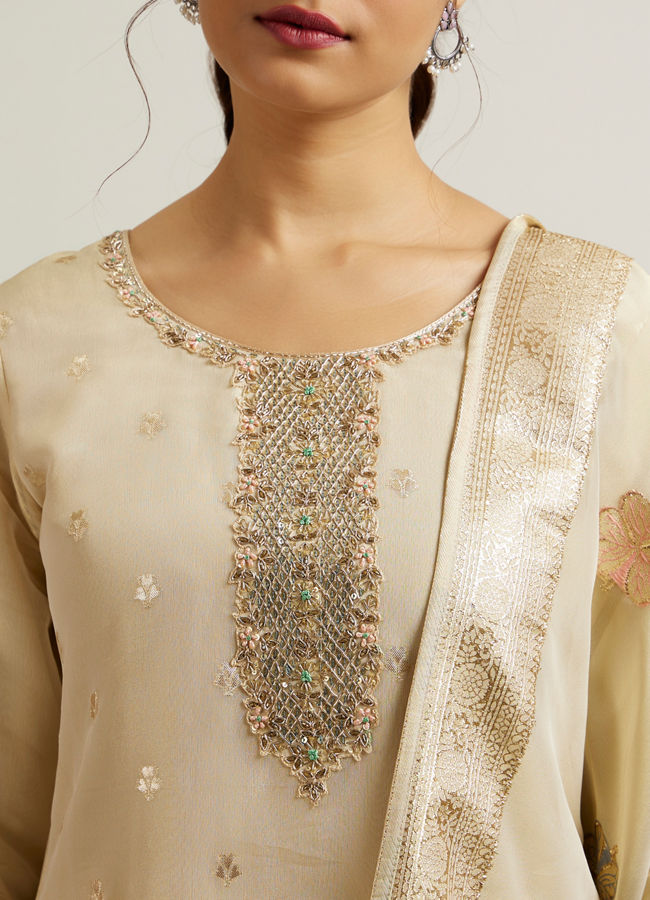 Mohey Women Beige Organza Straight Suit with Zardosi Work