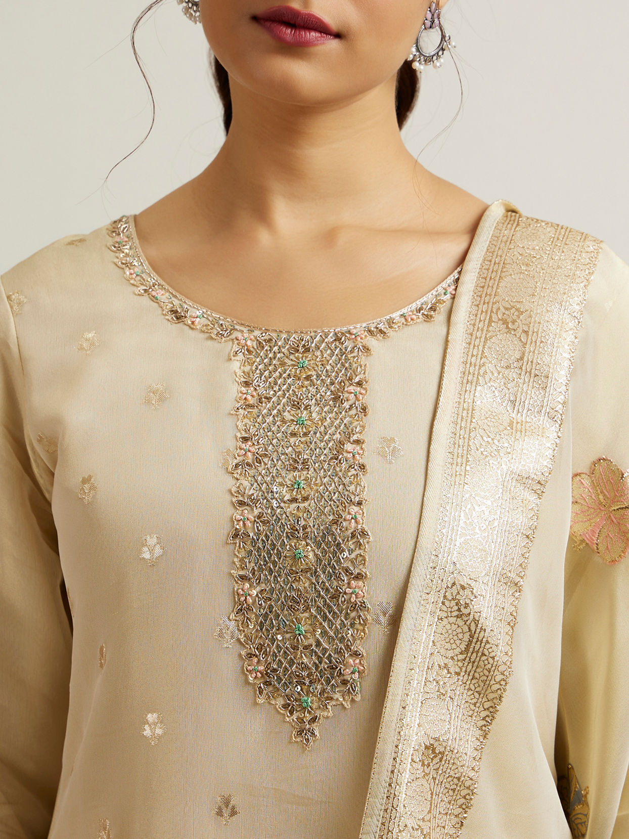 Mohey Women Beige Organza Straight Suit with Zardosi Work