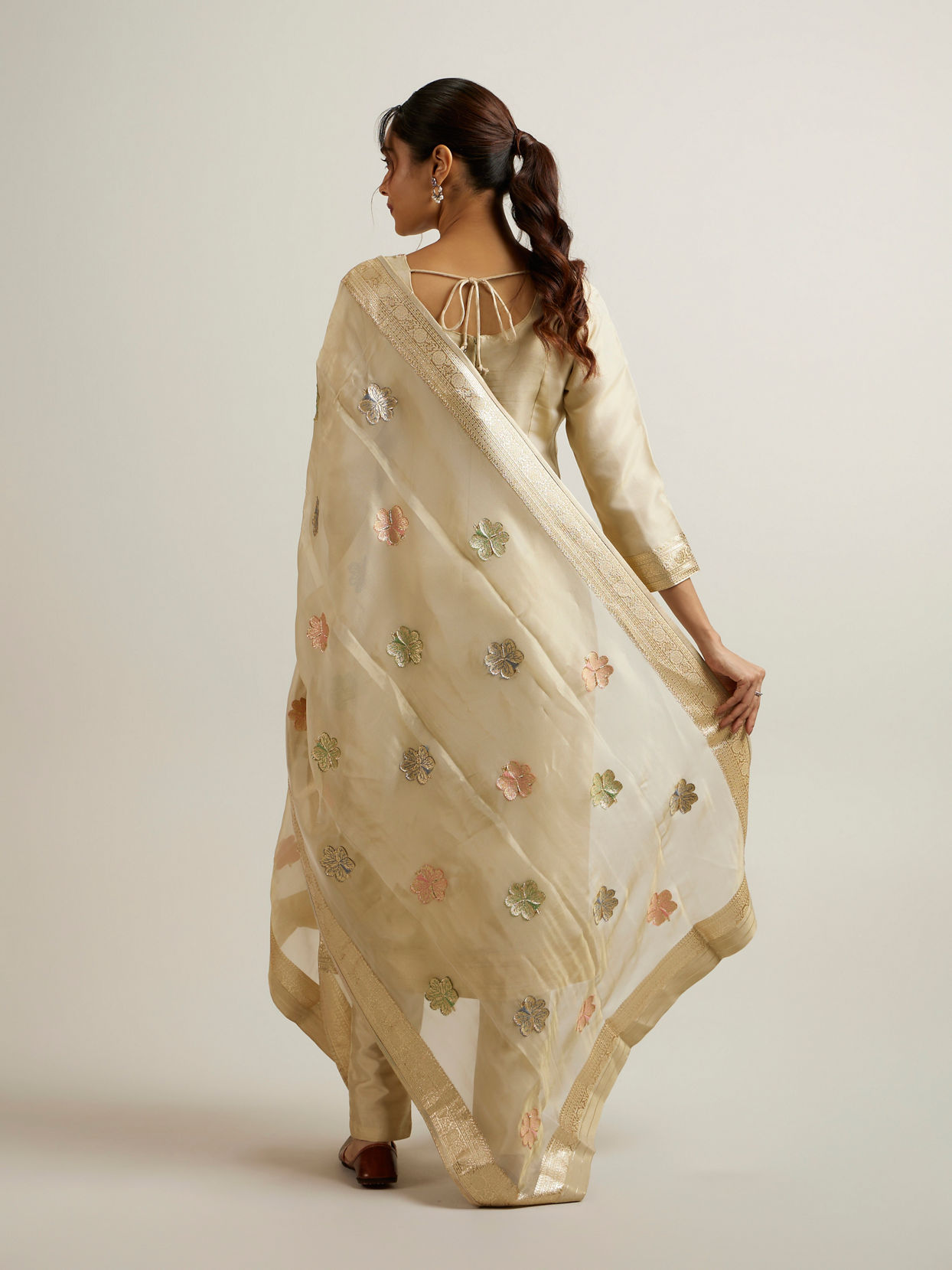 Mohey Women Beige Organza Straight Suit with Zardosi Work