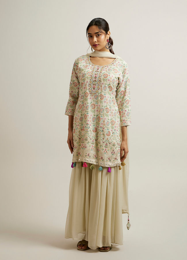 Mohey Women Cream Georgette Sharara Suit with Print Work