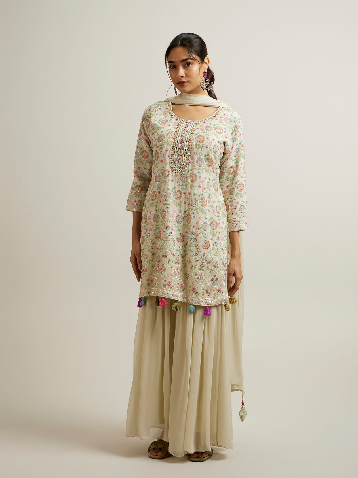 Mohey Women Cream Georgette Sharara Suit with Print Work