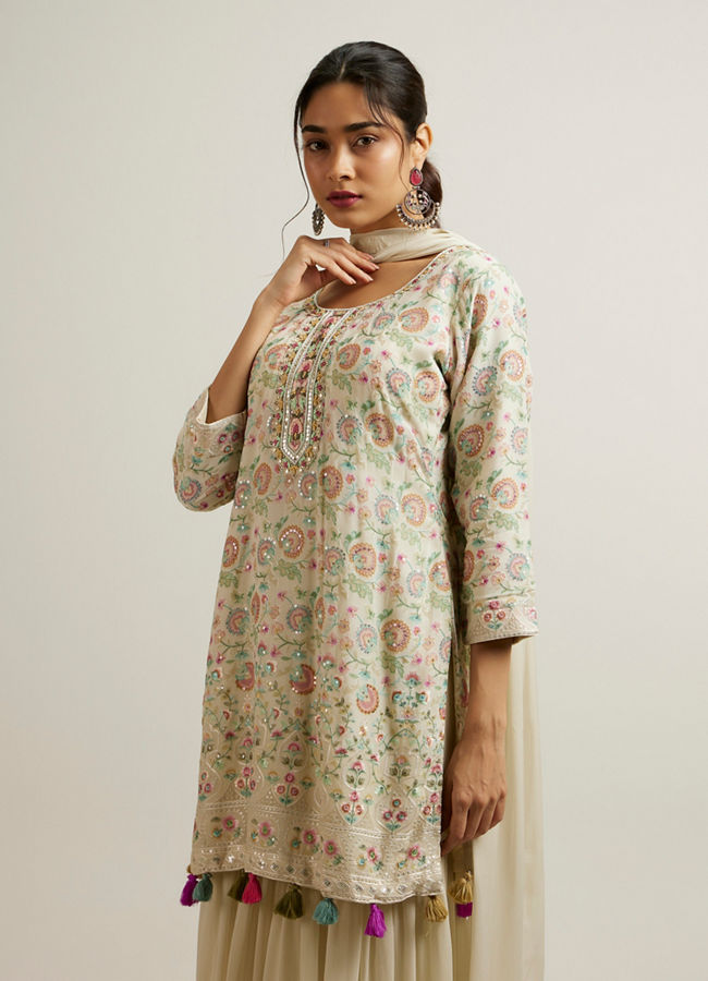 Mohey Women Cream Georgette Sharara Suit with Print Work