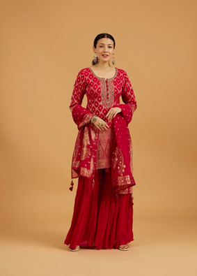 Mohey Women Rani Red Floral Buta Jaal Patterned Sharara Suit Set