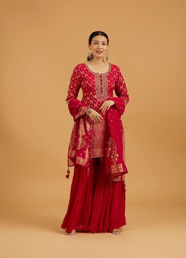 Mohey Women Rani Red Floral Buta Jaal Patterned Sharara Suit Set
