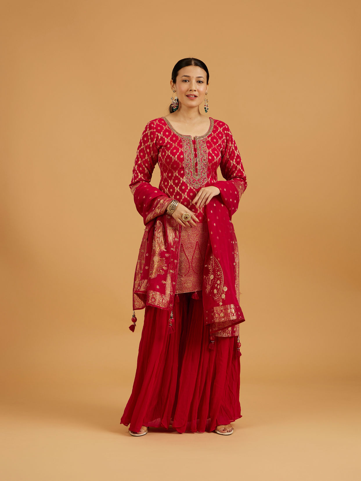 Mohey Women Rani Red Floral Buta Jaal Patterned Sharara Suit Set