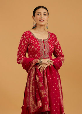 Mohey Women Rani Red Floral Buta Jaal Patterned Sharara Suit Set