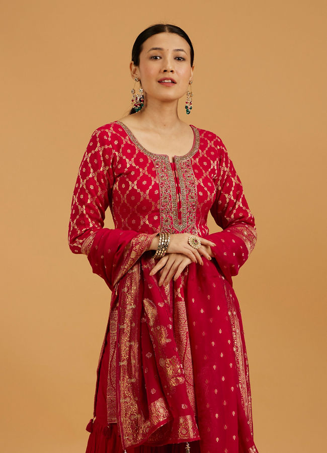 Mohey Women Rani Red Floral Buta Jaal Patterned Sharara Suit Set