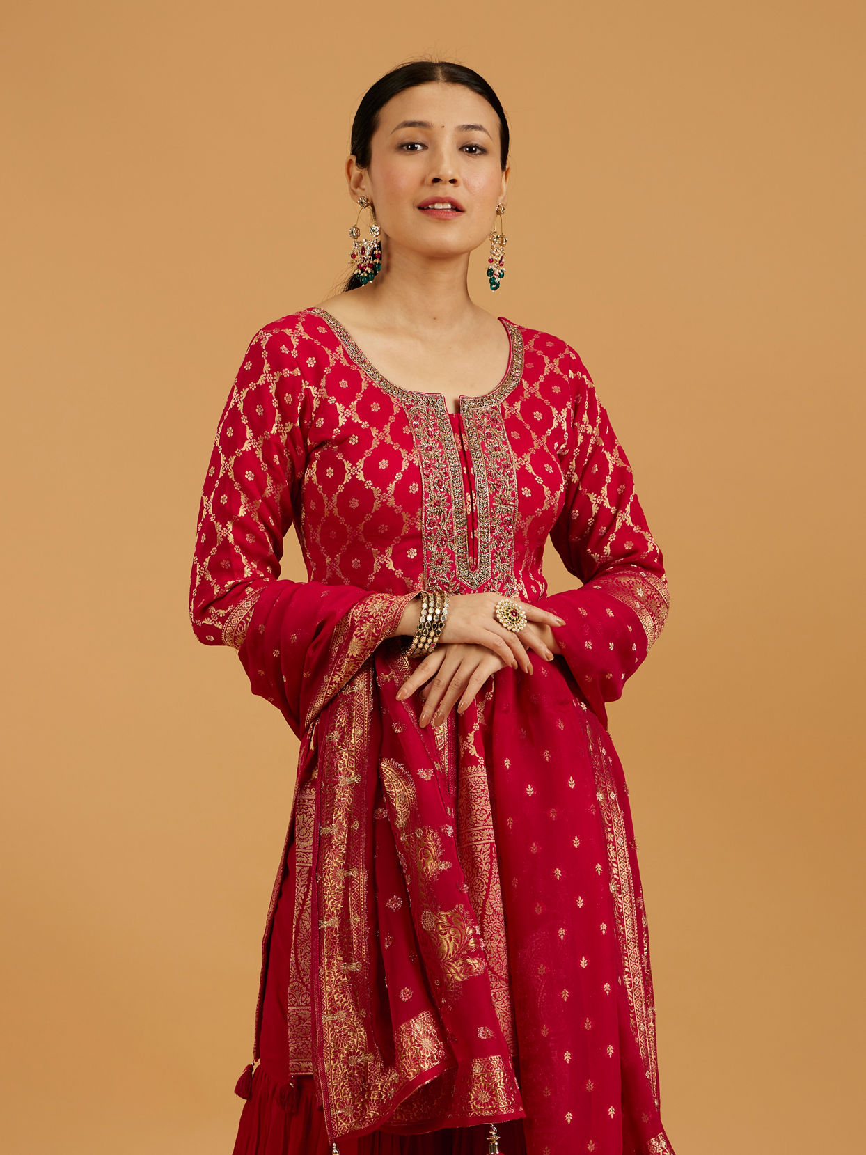 Mohey Women Rani Red Floral Buta Jaal Patterned Sharara Suit Set
