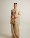 Beige Floral Patterned Sharara Suit with Mirror Embellishments