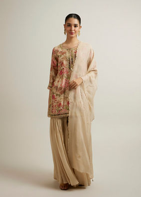 Mohey Women Beige Floral Patterned Sharara Suit with Mirror Embellishments