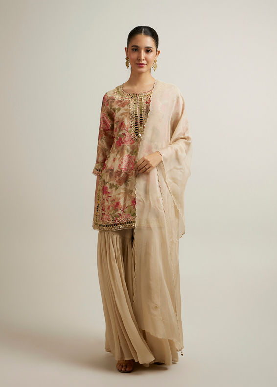 Mohey Women Beige Floral Patterned Sharara Suit with Mirror Embellishments