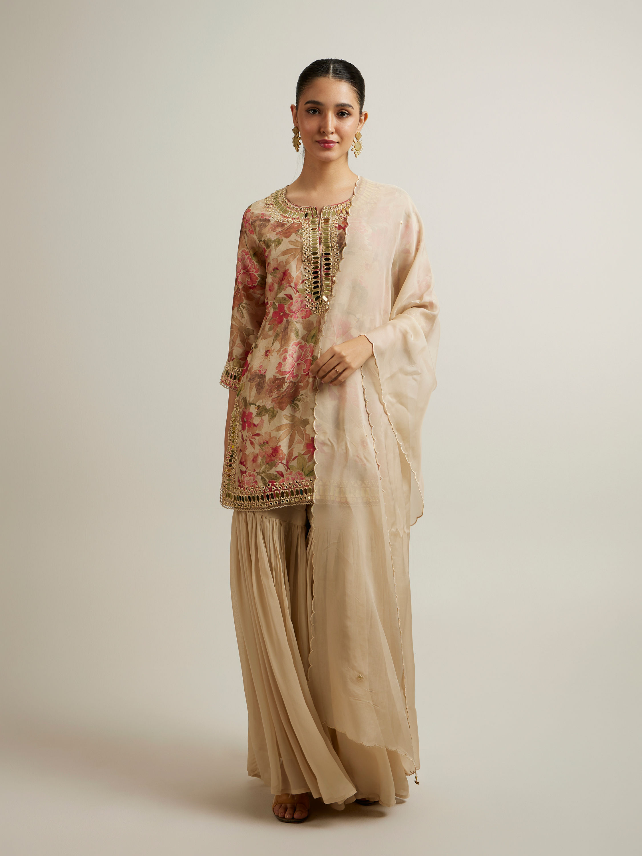 Mohey Women Beige Floral Patterned Sharara Suit with Mirror Embellishments