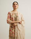 Mohey Women Beige Floral Patterned Sharara Suit with Mirror Embellishments