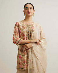 Mohey Women Beige Floral Patterned Sharara Suit with Mirror Embellishments