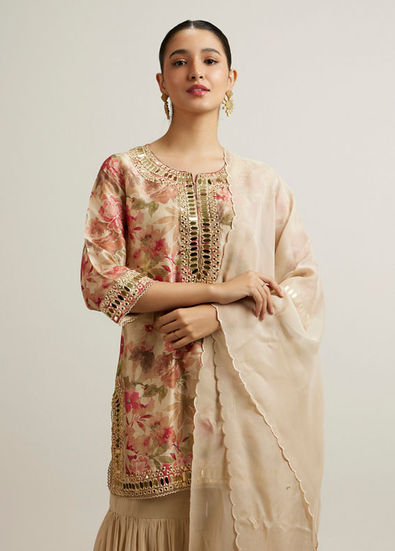 Mohey Women Beige Floral Patterned Sharara Suit with Mirror Embellishments