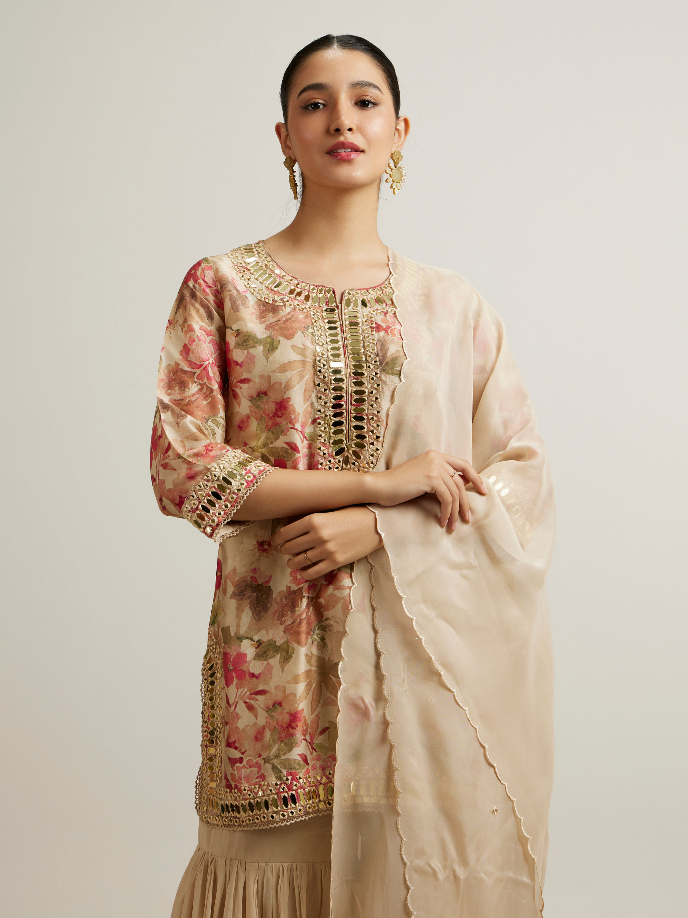 Mohey Women Beige Floral Patterned Sharara Suit with Mirror Embellishments