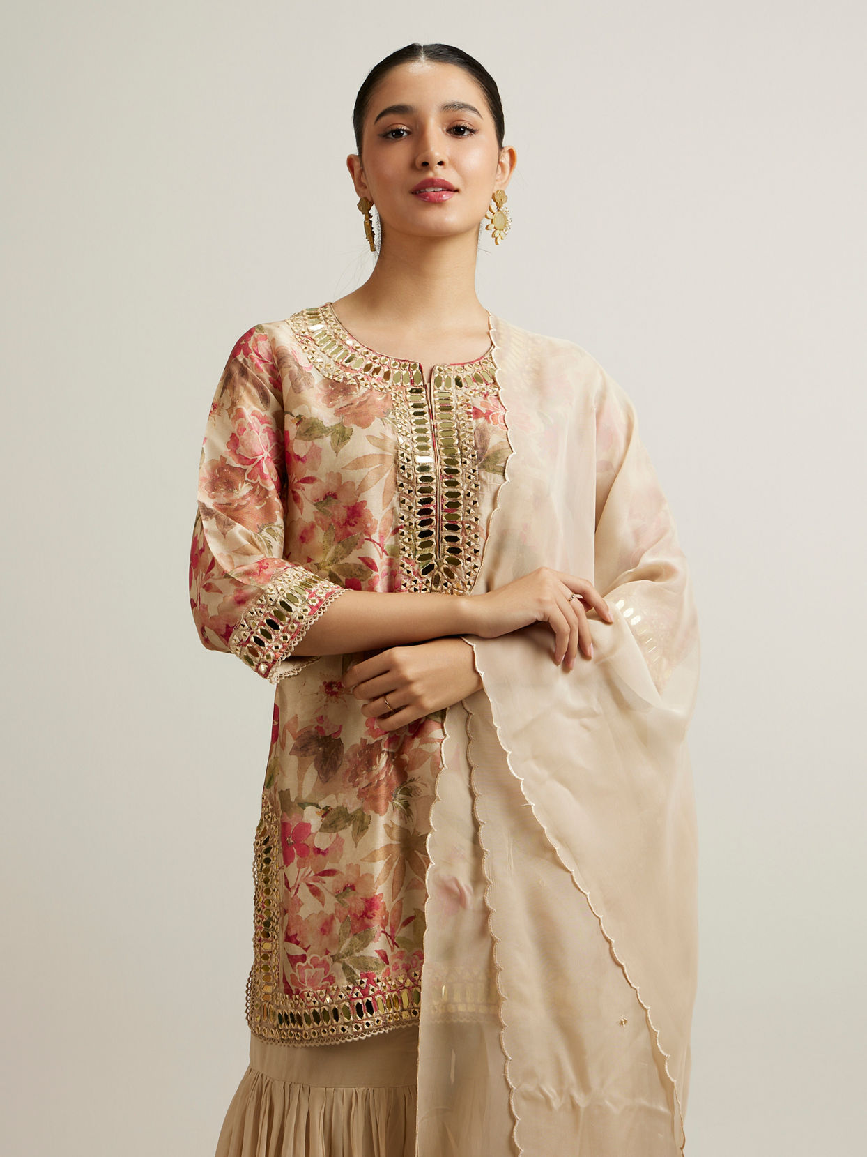 Mohey Women Beige Floral Patterned Sharara Suit with Mirror Embellishments