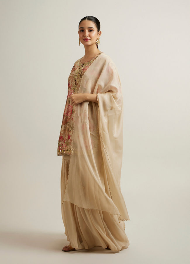 Mohey Women Beige Floral Patterned Sharara Suit with Mirror Embellishments