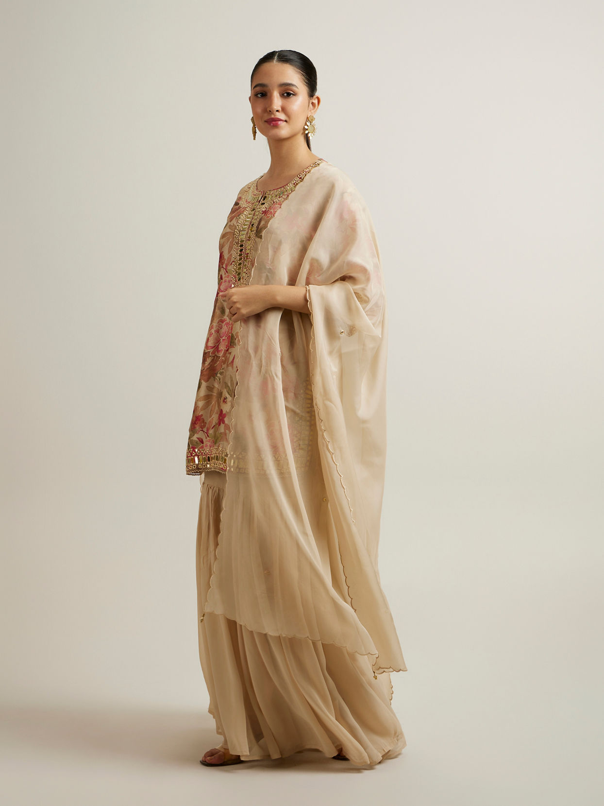 Mohey Women Beige Floral Patterned Sharara Suit with Mirror Embellishments