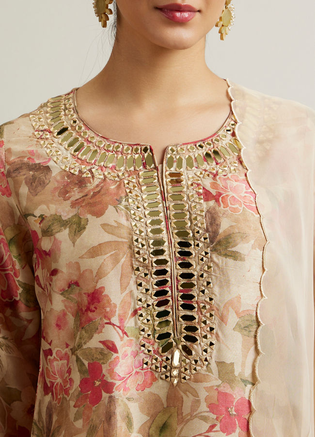 Mohey Women Beige Floral Patterned Sharara Suit with Mirror Embellishments
