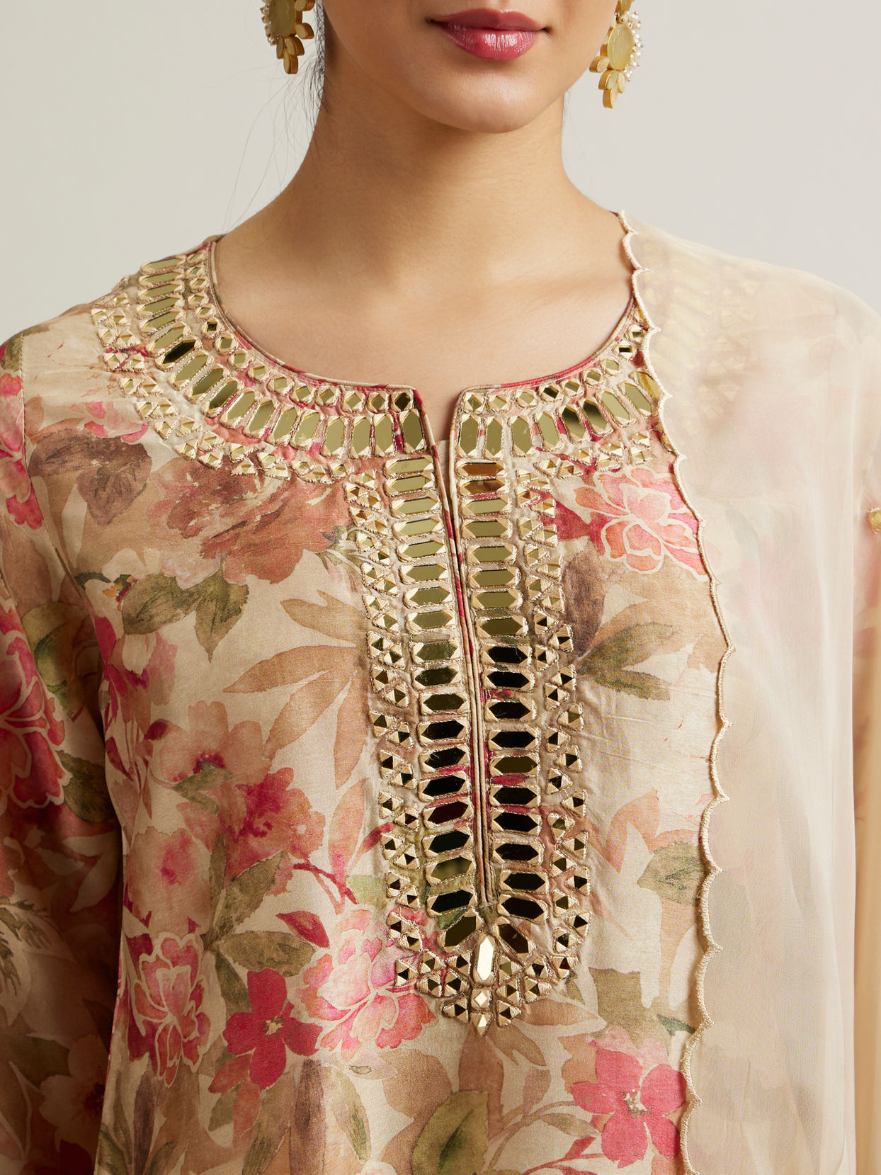 Mohey Women Beige Floral Patterned Sharara Suit with Mirror Embellishments