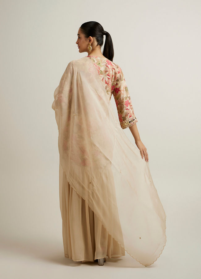 Mohey Women Beige Floral Patterned Sharara Suit with Mirror Embellishments