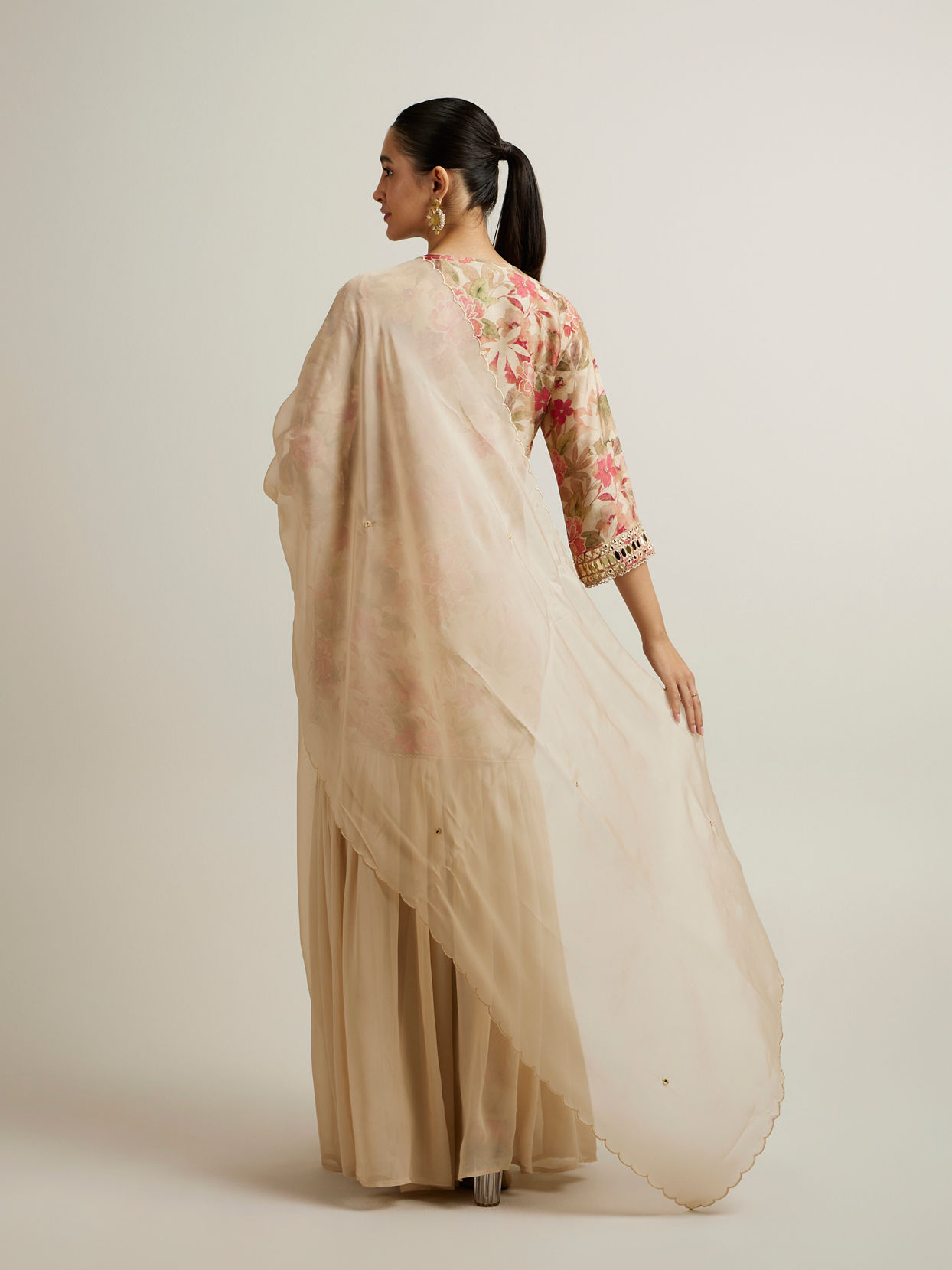 Mohey Women Beige Floral Patterned Sharara Suit with Mirror Embellishments