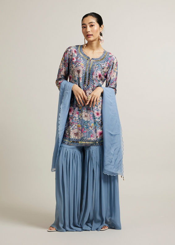 Mohey Women Light Blue Floral Print Sharara Suit with Mirror Work