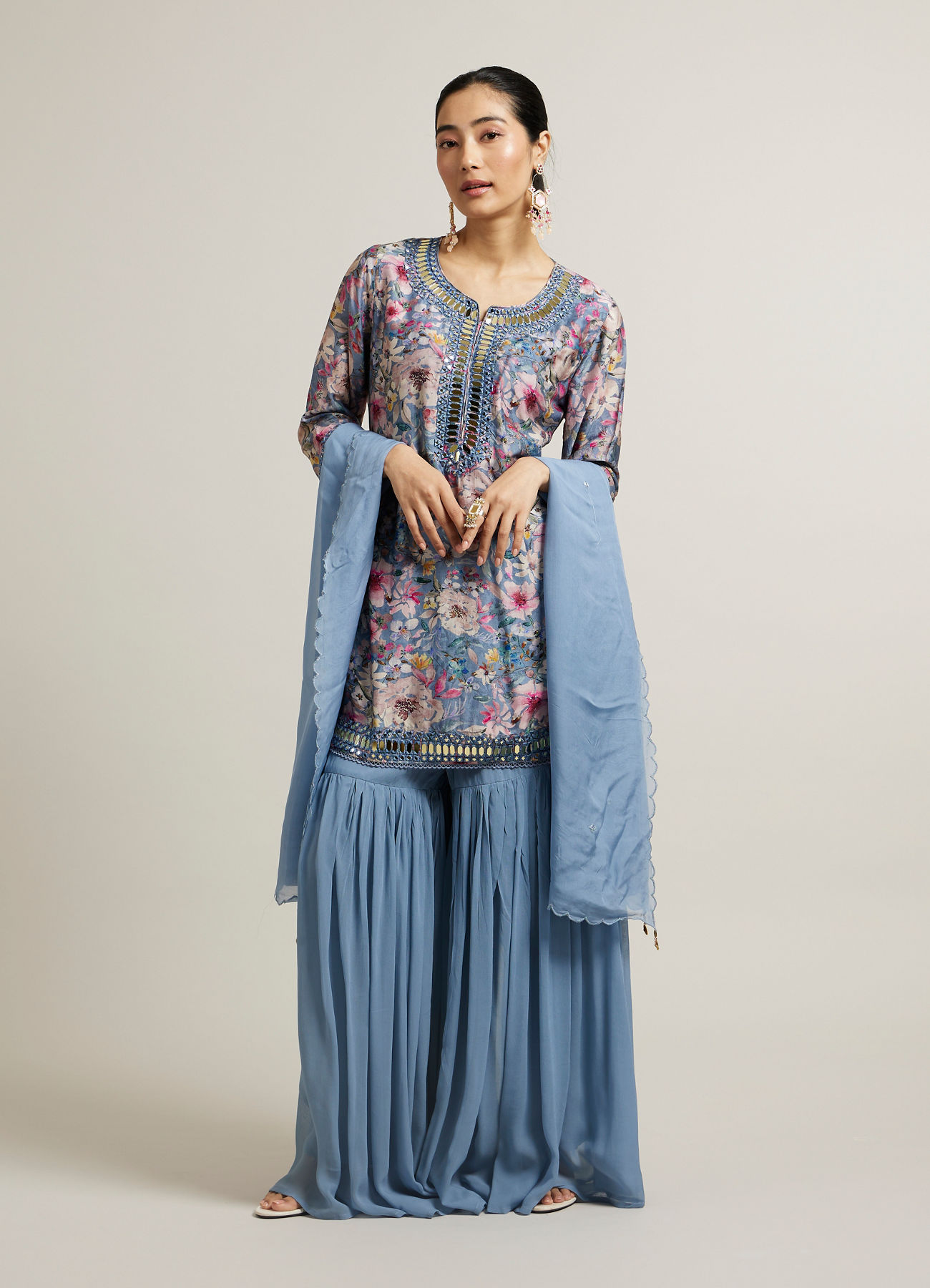 Mohey Women Light Blue Floral Print Sharara Suit with Mirror Work