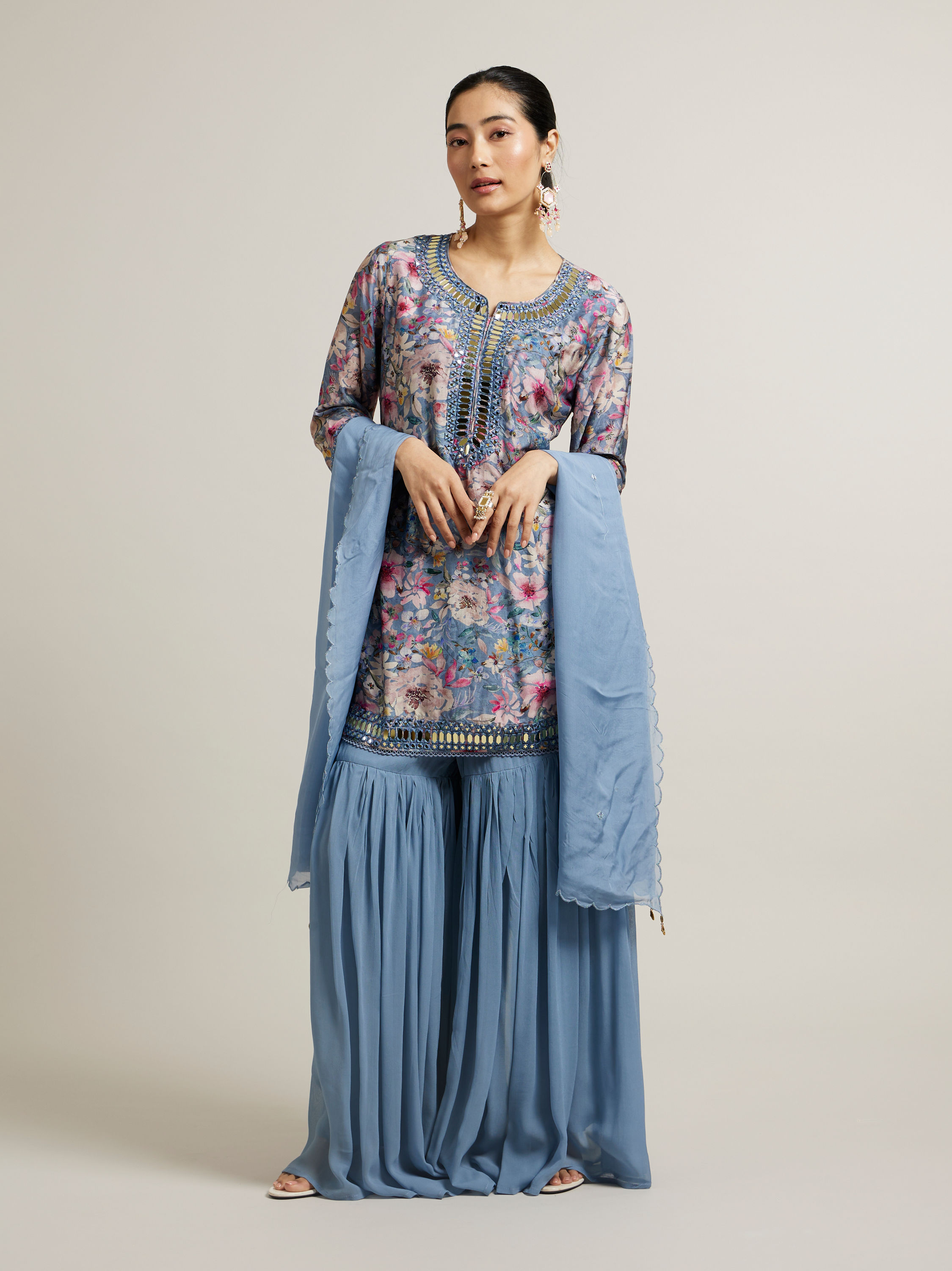 Mohey Women Light Blue Floral Print Sharara Suit with Mirror Work
