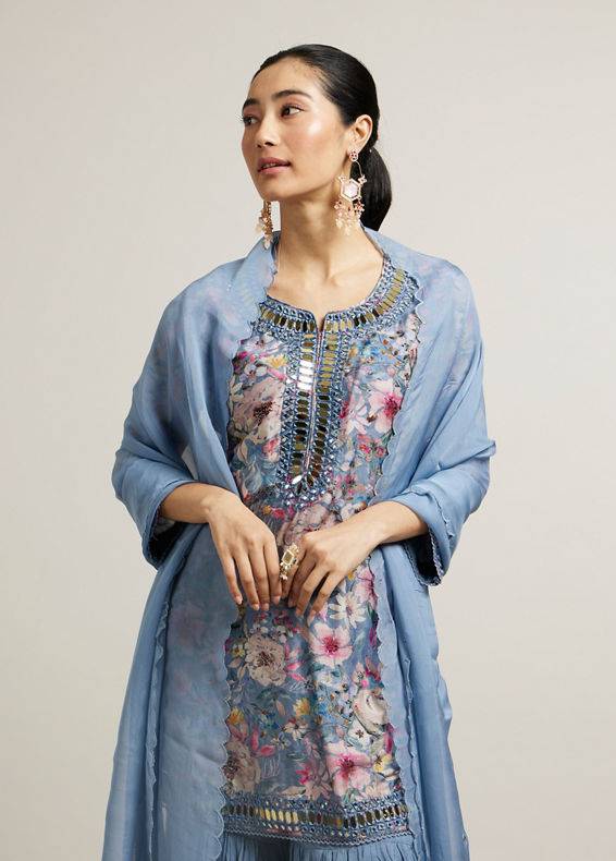 Mohey Women Light Blue Floral Print Sharara Suit with Mirror Work