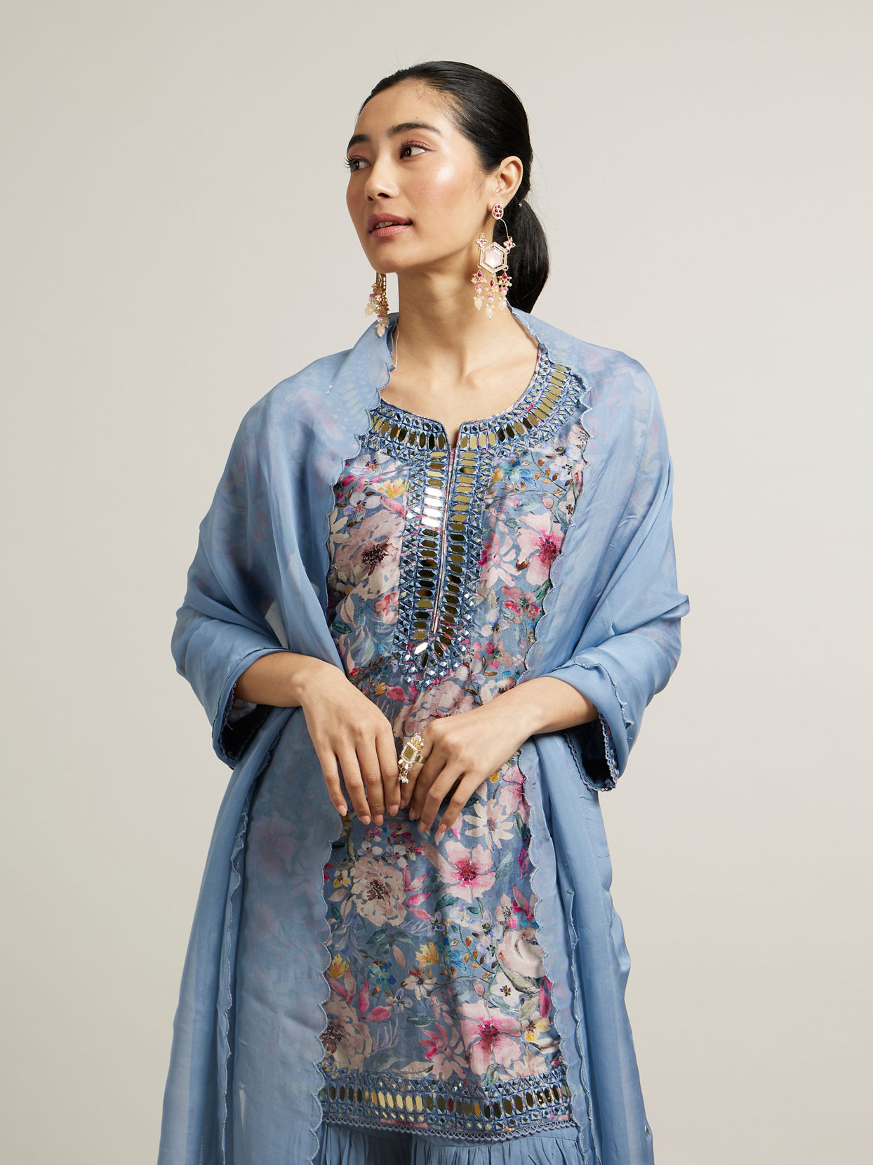 Mohey Women Light Blue Floral Print Sharara Suit with Mirror Work
