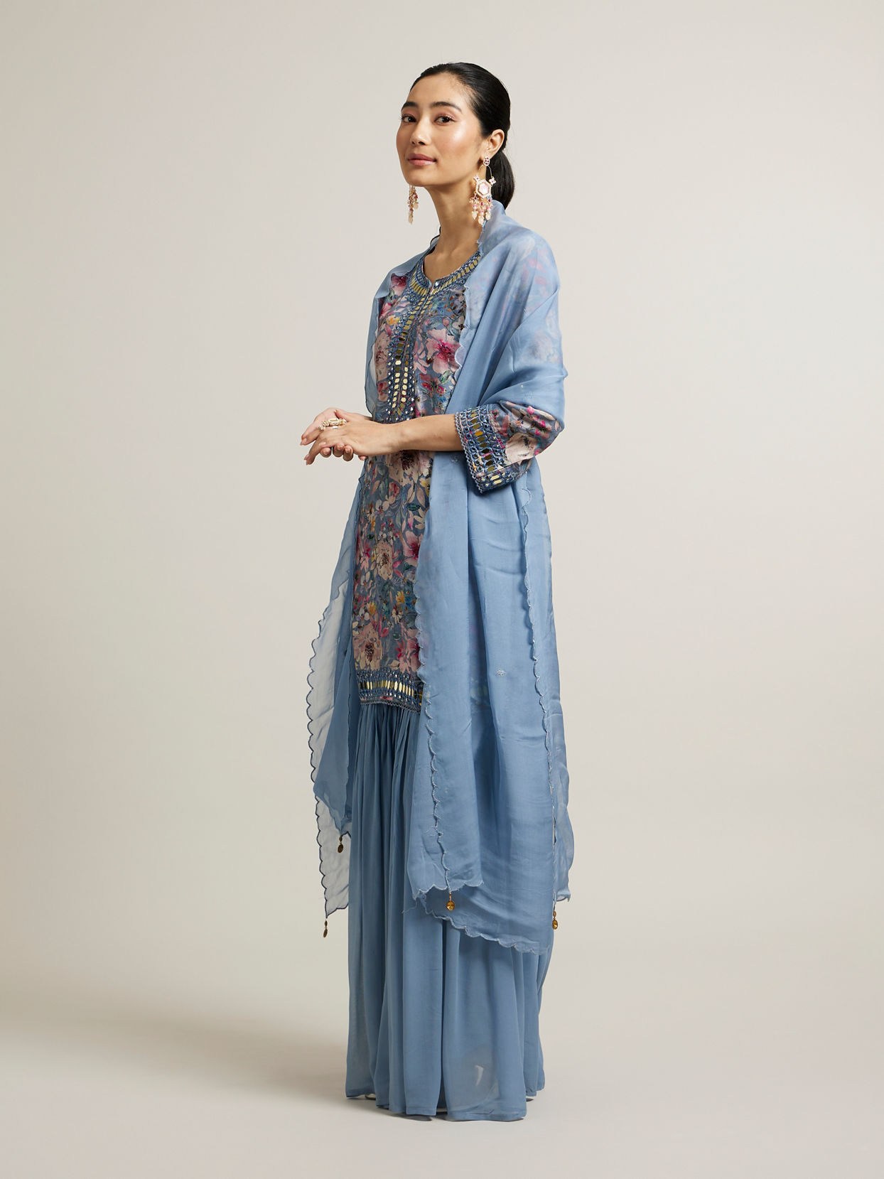 Mohey Women Light Blue Floral Print Sharara Suit with Mirror Work
