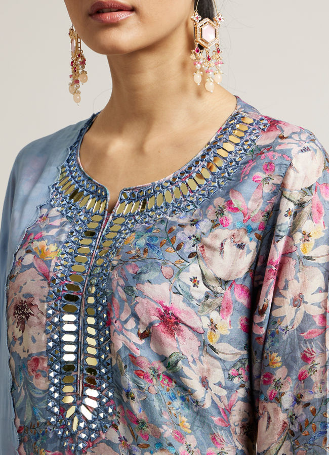 Mohey Women Light Blue Floral Print Sharara Suit with Mirror Work