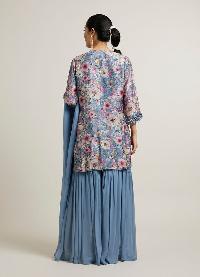 Mohey Women Light Blue Floral Print Sharara Suit with Mirror Work