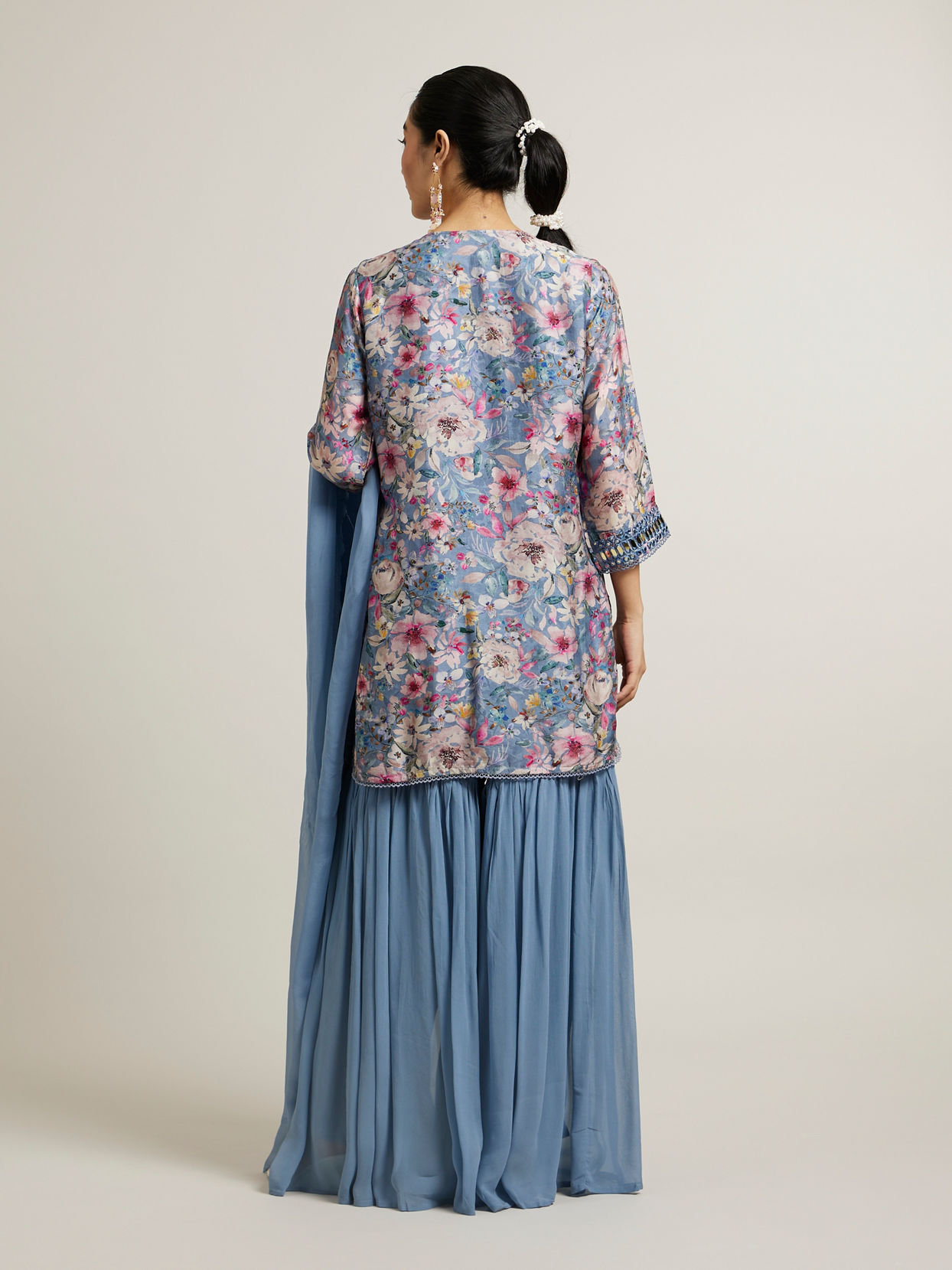 Mohey Women Light Blue Floral Print Sharara Suit with Mirror Work