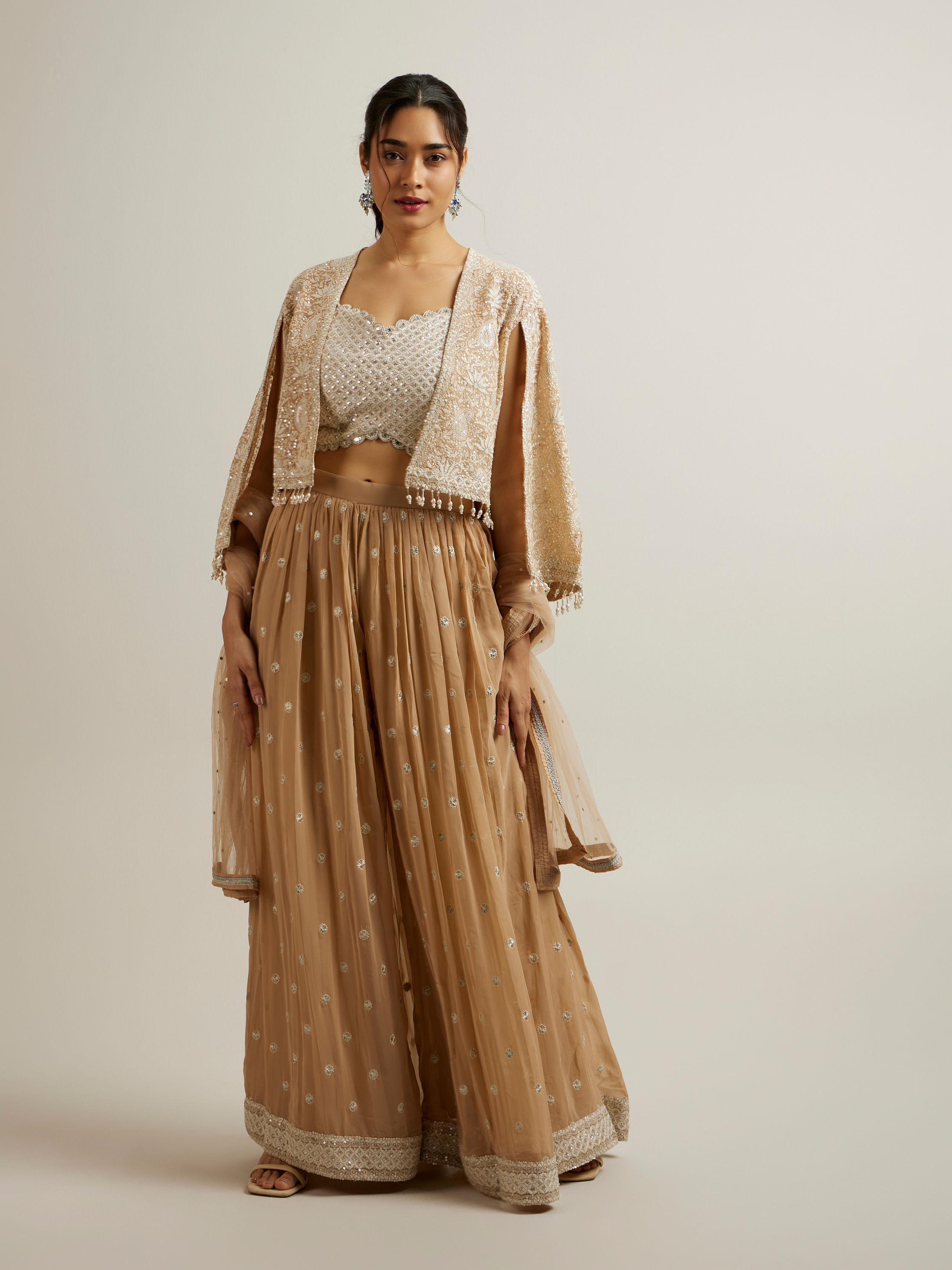 Mohey Women Beige Georgette with Hand Embroidery and Sequin Stitched Suit