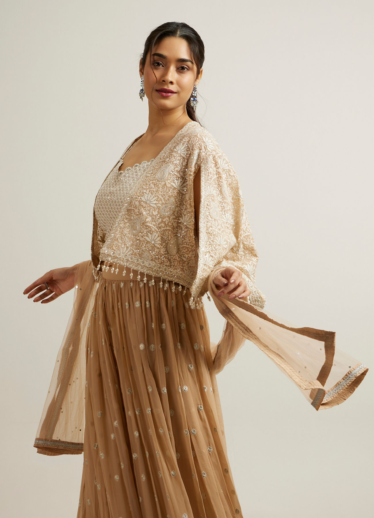 Mohey Women Beige Georgette with Hand Embroidery and Sequin Stitched Suit