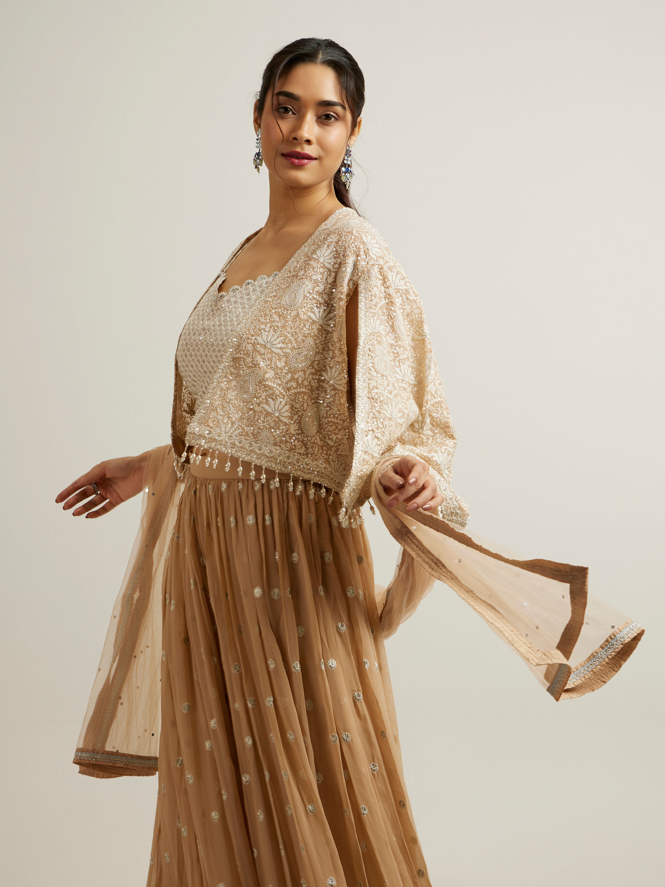 Mohey Women Beige Georgette with Hand Embroidery and Sequin Stitched Suit