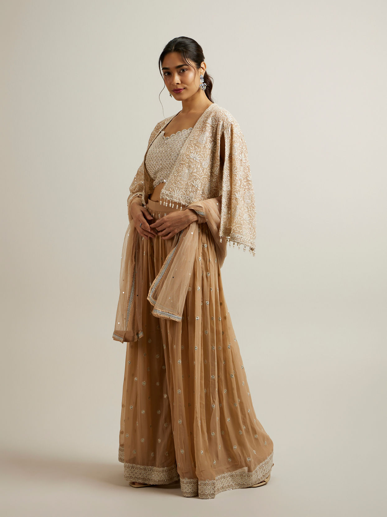 Mohey Women Beige Georgette with Hand Embroidery and Sequin Stitched Suit