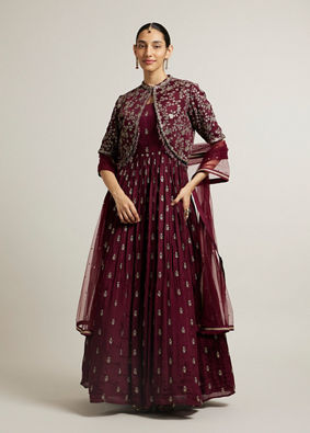 Mohey Women Dark Maroon Embroidered Anarkali Suit with Tassel Trims